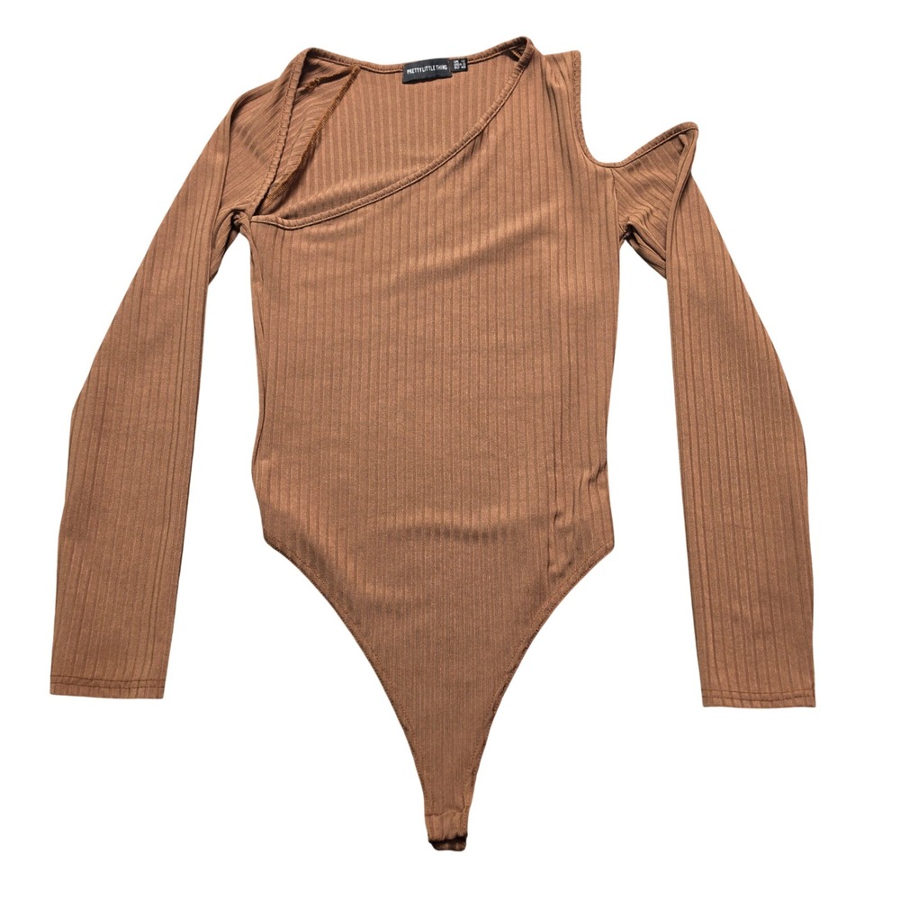 PrettyLittleThing Bodysuit Womens 8 Brown Excellent Ribbed Cold Shoulder Cutout
